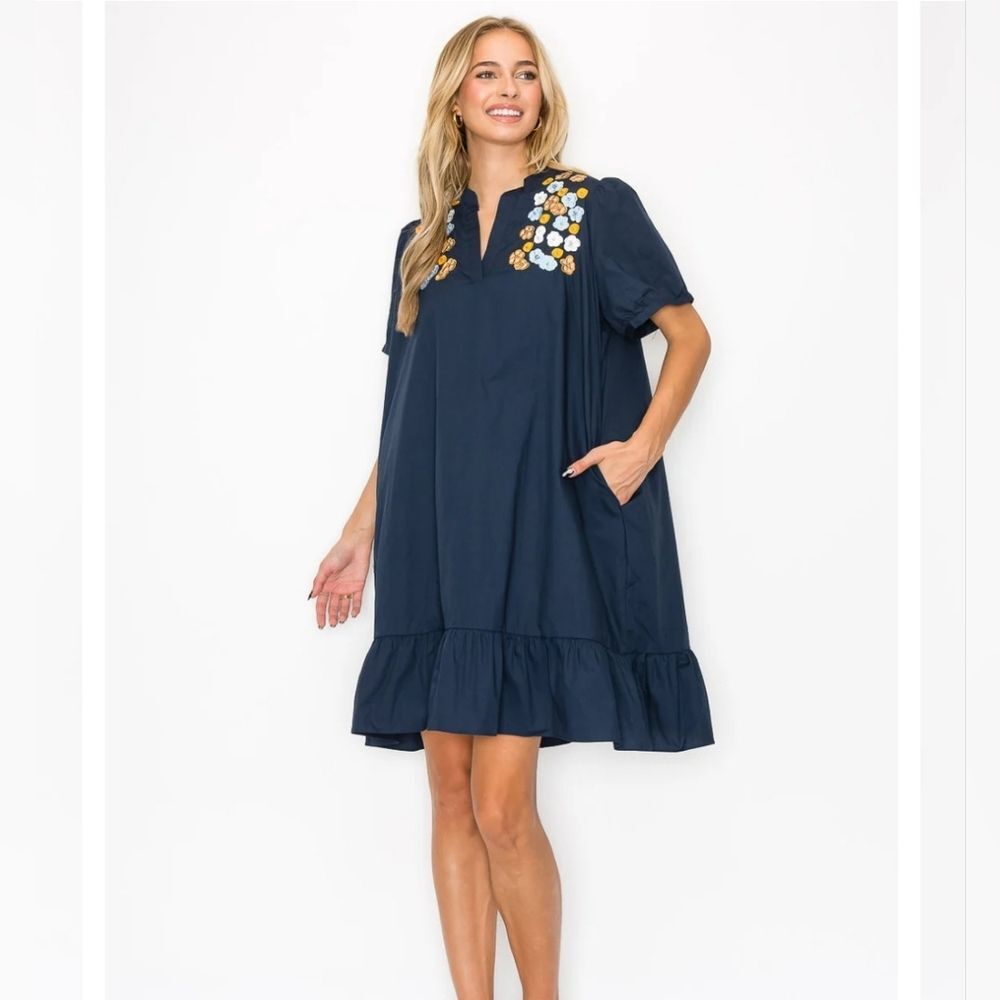 Joh Navy Wrenna Dress with Embroidered Flower Sparkles Size Medium